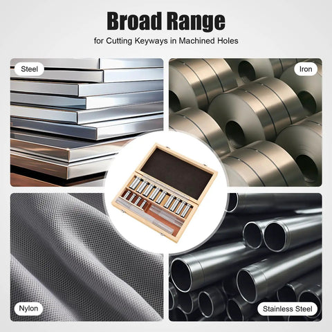 All In One Keyway Broach Kit 22Pcs Set 2-6mm Metric Broaches shown with steel, iron, nylon, stainless steel materials.