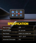 6 Gang RGB Backlit Rocker Switch Panel Kit With Control Box For 12V And 24V Vehicles on dashboard, showing specs