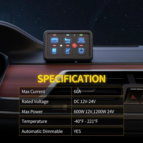 6 Gang RGB Backlit Rocker Switch Panel Kit With Control Box For 12V And 24V Vehicles on dashboard, showing specs