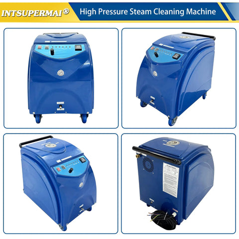 Industrial Steam Cleaner Drops Smokin Hot High Pressure Steam For Auto Shop Degreasing And Fleet Maintenance With Instant Heating And Kickin 13 Bar Force To Crush Stubborn Grease On Engines And Heavy Equipment 220V - blue steam cleaning machine with control panel.