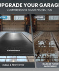 Side-by-side comparison of garage floor with and without Heavy-Duty 7'9 By 16' Garage Floor Mat With 610GSM Beefed-Up Commercial PVC Containment Mat.