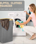 Woman using washer next to 105 Liter Large Laundry Hamper With Handles, Collapsible Gray Laundry Baskets For Bedroom, Bathroom, And Laundry Room, Tall Design, Durable 2 Pack For Easy Sorting And Quick Cleanup.