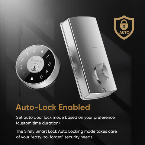 WiFi Smart Lock With Gateway For Airbnb And Rental Property Management Keyless Entry Stainless Steel Deadbolt Easy Install No Drilling Remote Access For Hosts And Residents shown at angle with auto-lock feature.