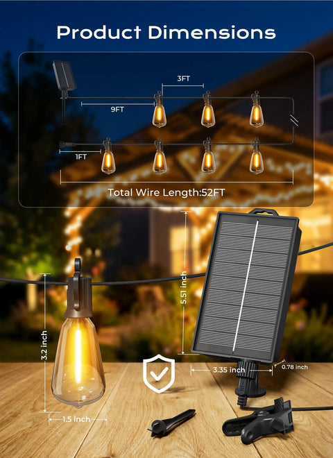Detail of 52Ft Solar String Lights For Outdoor Patio Waterproof With Remote And Timer, USB Or Solar Powered Dimmable Backyard Party Lights