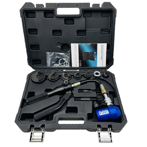 Open case displaying 360 Degree Rotating Hydraulic Knockout Punch Kit Half Inch To 2 Inch Electrical Conduit Hole Cutter Set.