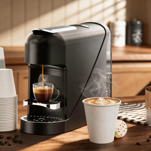 Coffee machine brewing espresso next to 8 Oz Disposable Paper Coffee Cups, 100 Count, Leakproof White Cups For Hot Or Cold Drinks on counter
