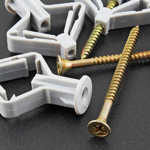 Heavy Duty Butterfly Drywall Anchors Kit With Self Drilling Screws Knockout Hollow Wall Fasteners components on black background.