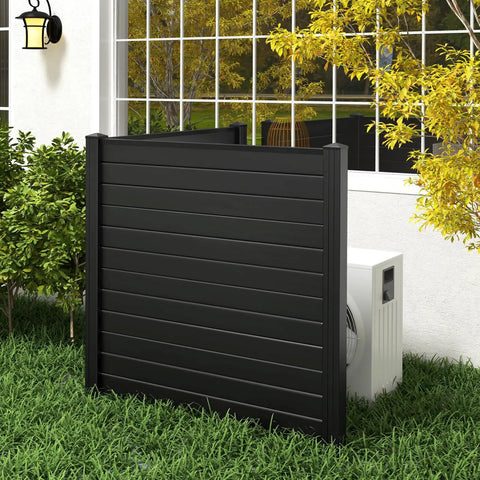 Two Panel Outdoor Privacy Screen for AC Unit and Trash Can Enclosure, 48 by 48 inches, black, placed in garden, wind-resistant with stakes