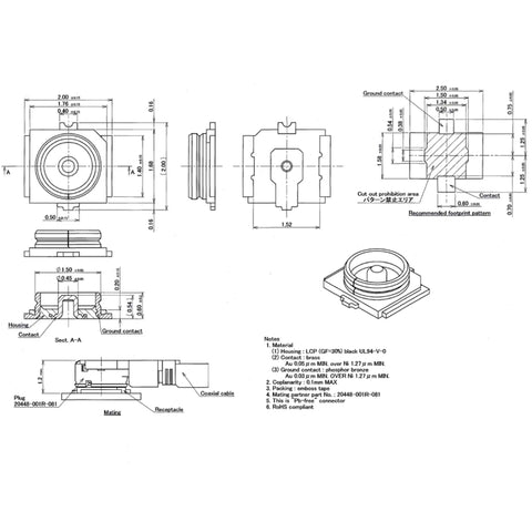 Technical drawing of 50 Pack UFL IPX4 SMD SMT PCB Mount Socket Jack Female RF Coaxial Connectors For Soldering Plug And Play