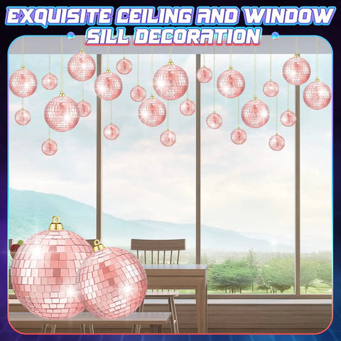Bulk 50 Pieces Rose Gold Foam Mirror Disco Balls Set For Hanging Party Decor against window with outdoor scenery