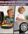 Two boys holding Rad Transforming Stunt Tire Race Track Kit For Kids 4 To 8, one open showing loops, one closed for storage.