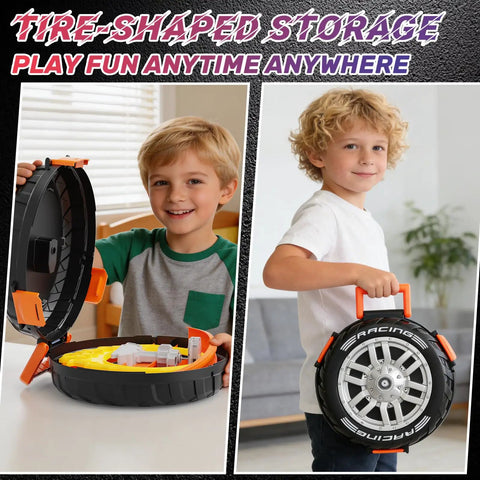 Two boys holding Rad Transforming Stunt Tire Race Track Kit For Kids 4 To 8, one open showing loops, one closed for storage.