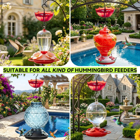 Ant Moat For Hummingbird And Oriole Feeders, 5 oz cup, 4 pack, clear water cup with red umbrella design, installed in garden.