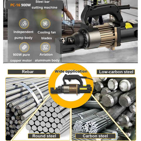 Etsuosy Portable Hydraulic Rebar Cutter with 900W copper motor, designed for cutting various steel rods up to 28 mm.