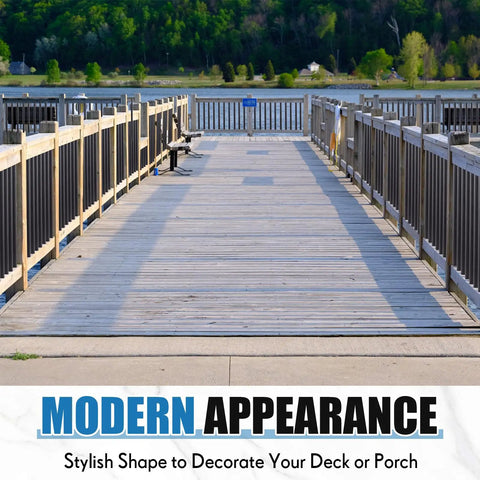 Heavy Duty Black Aluminum Deck Balusters 36 Inches High By 3/4 Inches Wide Pack Of 120 For Porch Decks Or Staircases overlooking a lake.