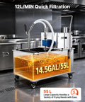 VEVOR Commercial Mobile Fryer Filter Truck Cart 55 Liter Oil Filtration System with stainless steel build and quick 12L/min filtration.