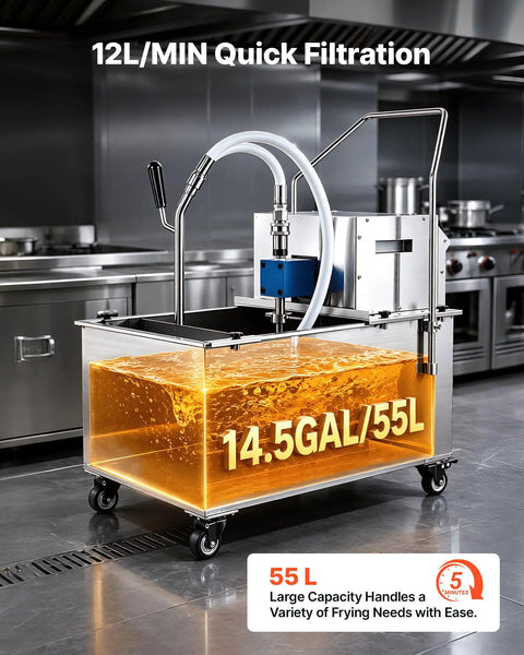 VEVOR Commercial Mobile Fryer Filter Truck Cart 55 Liter Oil Filtration System with stainless steel build and quick 12L/min filtration.