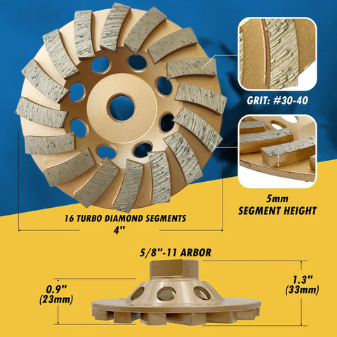 4 Inch Diamond Grinding Wheel for Concrete and Masonry With Sixteen Turbo Segments, Thirty Forty Grit, Medium Bond, Five Eighth Inch Eleven Arbor, Wet or Dry Use, Built For Grinding, Smoothing, Leveling and Coating Removal