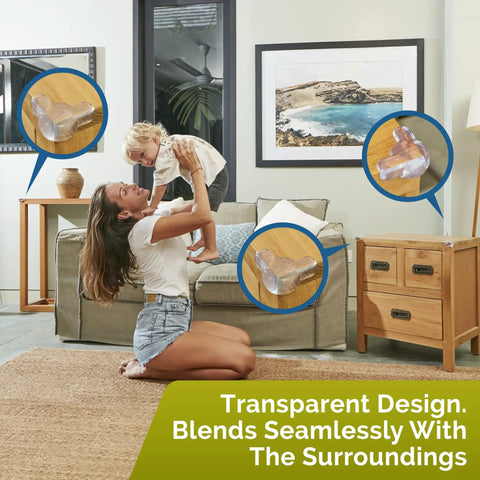 Super Soft Transparent Baby Corner Protectors For Kiddos And Toddlers With Crystal Clear Baby Proof Furniture Edges Smooth As Butter No Sweat Install 12 Pack on wooden furniture.