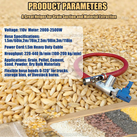 Heavy Duty Portable Grain Screw Conveyor Machine 2000w Moving 440 Lbs Per Min Spiral Auger With Bracket showing flexible hose and specifications.