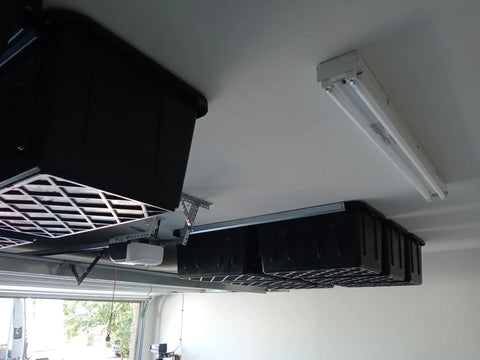 Overhead Garage Storage System With One Or Two Six Tote Sets Using Greenmade 27 Gallon Totes Sold By Costco Patent Protected Design