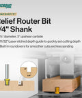 Matchfit One Quarter Inch Relief Router Bit For Straight Grooves And Dovetail Tracks In Woodworking Cabinets And Furniture Projects Slick Carbide For Quiet, Clean Cuts MB-025-025ST Yellow showing carbide bit and depth guide features