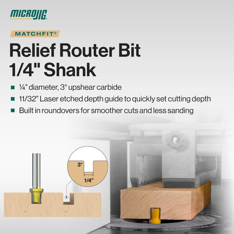 Matchfit One Quarter Inch Relief Router Bit For Straight Grooves And Dovetail Tracks In Woodworking Cabinets And Furniture Projects Slick Carbide For Quiet, Clean Cuts MB-025-025ST Yellow showing carbide bit and depth guide features