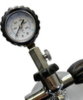 Front-view scuba tank pressure gauge mounted on valve; stainless steel dial with black ribbed bezel, 0–5000 psi (350 bar)