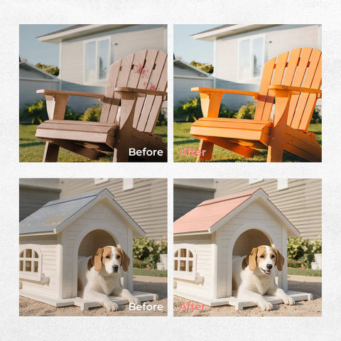 Ultra Light Paint Sprayer Gun For Indoor And Outdoor Work Featuring Sweet Pink Body With Hassle Free Quick Cleanup for a renovated orange chair and pink dog house.