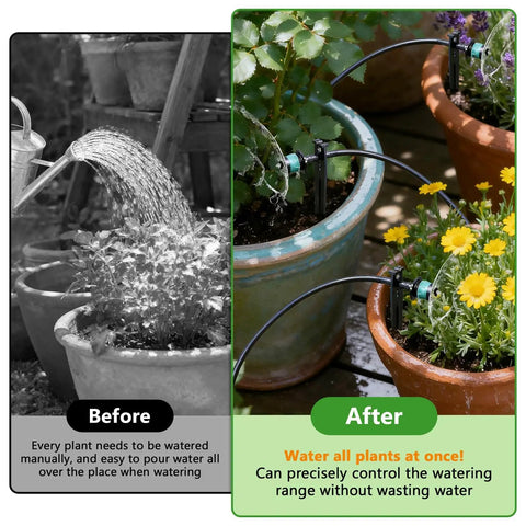 Before and after use of One Quarter Inch Adjustable Drip Emitter Set Of 100 For Garden Watering showing manual and drip irrigation.