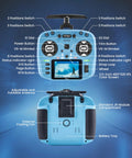 Front and back view of 2.4GHz ELRS Transmitter with Nano Receiver and VS M Hall Gimbal EdgeTX touchscreen controller in blue.