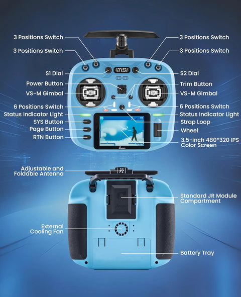 Front and back view of 2.4GHz ELRS Transmitter with Nano Receiver and VS M Hall Gimbal EdgeTX touchscreen controller in blue.