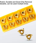 Front view of a yellow storage tray containing 10 indexable carbide inserts for lathe threading and boring.