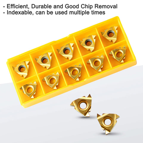 Front view of a yellow storage tray containing 10 indexable carbide inserts for lathe threading and boring.