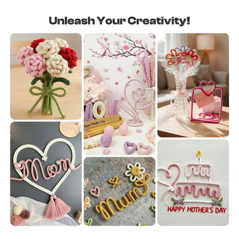 Assorted DIY craft projects featuring yarn flowers, decor, and a Mother's Day theme using an Automatic I Cord Knitting Machine Pro Electric I Cord Knitter With 3 Speed Adjustable Hands Free Yarn Knit Helper For Fast DIY Craft Projects Crochet Maker Tool.