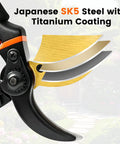 Close-up of 8.5 Inch Pruning Shears With Titanium Coated Japanese SK5 Steel Blade showing sharp titanium-coated blade action
