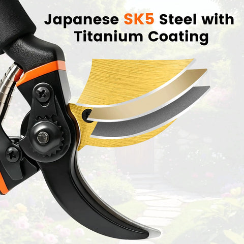 Close-up of 8.5 Inch Pruning Shears With Titanium Coated Japanese SK5 Steel Blade showing sharp titanium-coated blade action