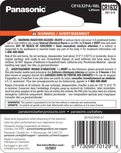 Real Deal CR1632 3 Volt Lithium Coin Cell Batteries Four Pack warning label with safety instructions and expiration details.