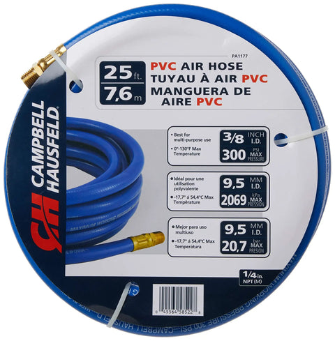 Coiled blue PVC Air Compressor Hose 3/8 Inch by 25 Feet with brass fittings and label, 300 PSI, wide temperature range, packaged.