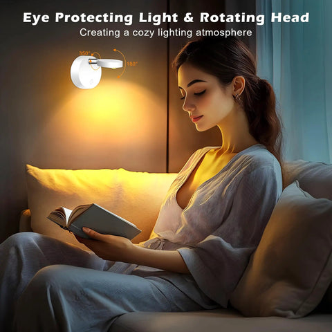 Woman reading under eye-protecting 2 Pack Rechargeable LED Spotlight Kit For Indoor Use With Wireless RGB Color Lighting