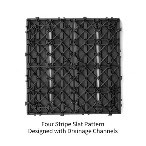 Back view of 22 Pcs Wood Plastic Composite Patio Deck Tiles 12x12 Interlocking Flooring For Indoor And Outdoor Use With Easy Snap In Setup Water Resistant 22 Sq Ft Coverage Westminster Grey 3D Pattern showing drainage channels.