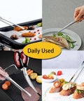 Two Pack 12-Inch Kitchen Tweezers Set in use with food, showcasing extra long stainless steel fine tweezer tongs for flipping and garnishing.