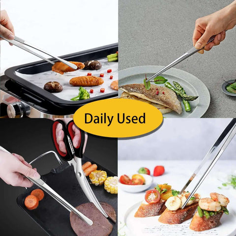 Two Pack 12-Inch Kitchen Tweezers Set in use with food, showcasing extra long stainless steel fine tweezer tongs for flipping and garnishing.