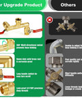 360 Degree Rotating Garden Hose Splitter With Independent Valves, 3/4 Inch GHT Brass High Flow Splitter, Heavy Duty Faucet Attachment For Outdoor Yard, Swivel Heads For Easy Hose Management showing brass swivel and valve details