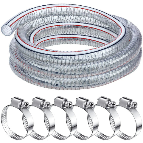 Heavy Duty Steel Wire Flexible PVC Vacuum Hose 1 Inch Inner Diameter 10 Ft With Fasteners Reinforced Clear Tubing For Pond Marine