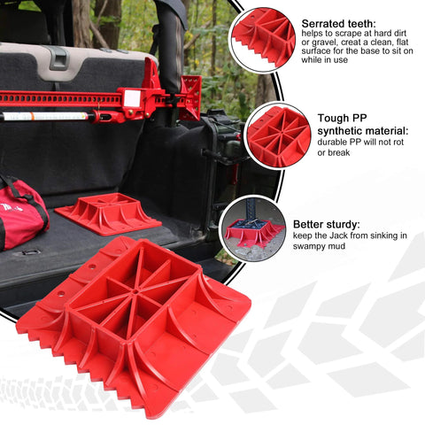 Red Seven Sparta off-road base stand for Hi-Lift jack; durable PP plastic, prevents sinking, installed on vehicle bed.