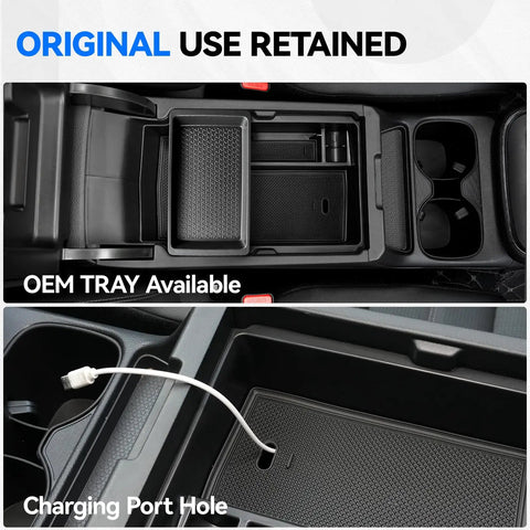 Center Console Organizer 5 Piece Set For Honda CRV 2023 2024 2025 2026 LX EX EX L Sport Hybrid showing OEM tray and charging port