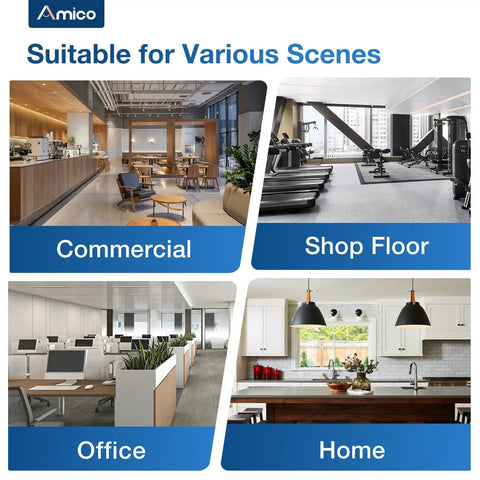 Collage of interior settings: commercial, shop floor, office, and home for 50 Pack Wall Outlet With Tamper Resistant 15 Amp Receptacles.
