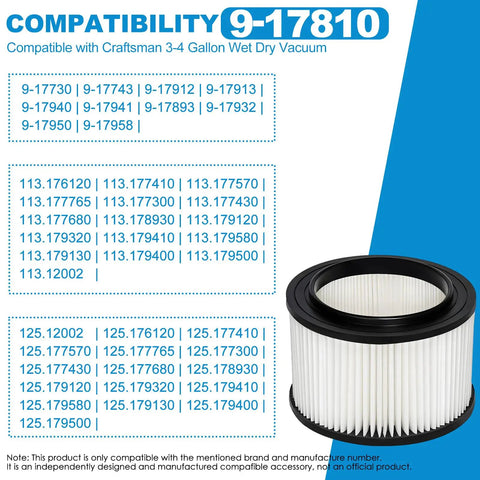 Compatibility chart for 2 Pack 17810 Filter Replacement Kit For 9-17810 3 To 4 Gallon Wet Dry Shop Vac with filter image