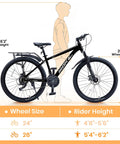 26 Inch Kids Mountain Bike With 21 Speed Drivetrain Front Suspension Fork Dual Disc Brakes Rear Rack Internal Cable Routing Sturdy Carbon Steel Frame Kid Friendly All Terrain Fun For Boys And Girls Black with rider height and wheel size guide